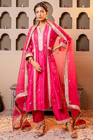 Pink Silk Embroidered Kurta Set by Monica Khosla
