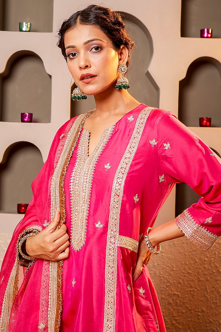 Pink Silk Embroidered Kurta Set by Monica Khosla at Pernia's Pop Up Shop