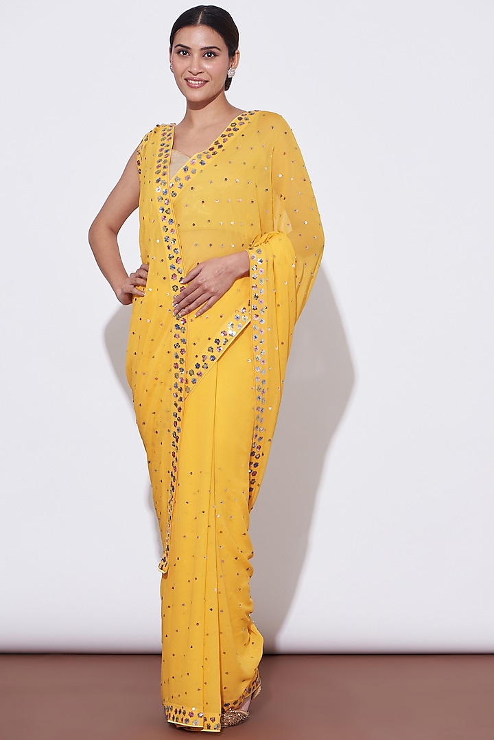 Yellow Georgette Embroidered Saree Set by Mint N Oranges