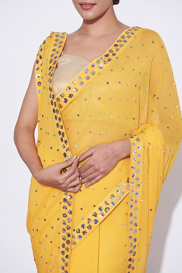 Yellow Georgette Embroidered Wedding Saree Set by Mint N Oranges at Pernia's Pop Up Shop