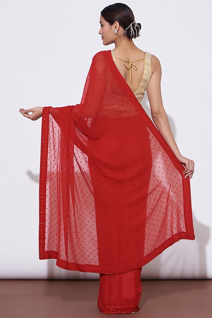 Red Georgette Embroidered Wedding Saree Set by Mint N Oranges at Pernia's Pop Up Shop