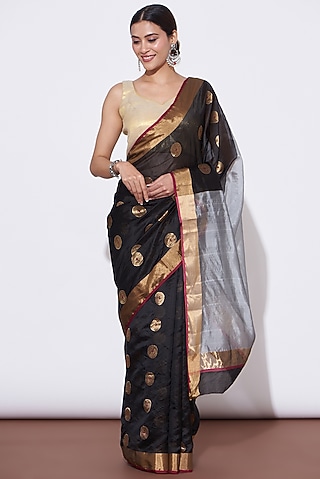 Black Pure Chanderi Handwoven Saree Set by Mint N Oranges