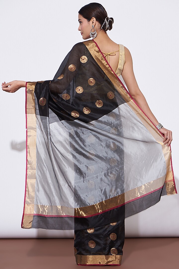 Black Pure Chanderi Handwoven Party Wear Saree Set by Mint N Oranges at Pernia's Pop Up Shop