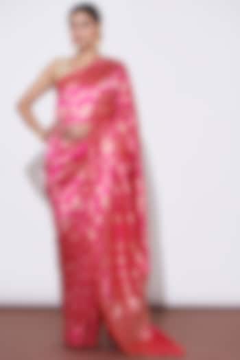 Fuchsia Pink Pure Banarasi Silk Handwoven Saree Set by Mint N Oranges