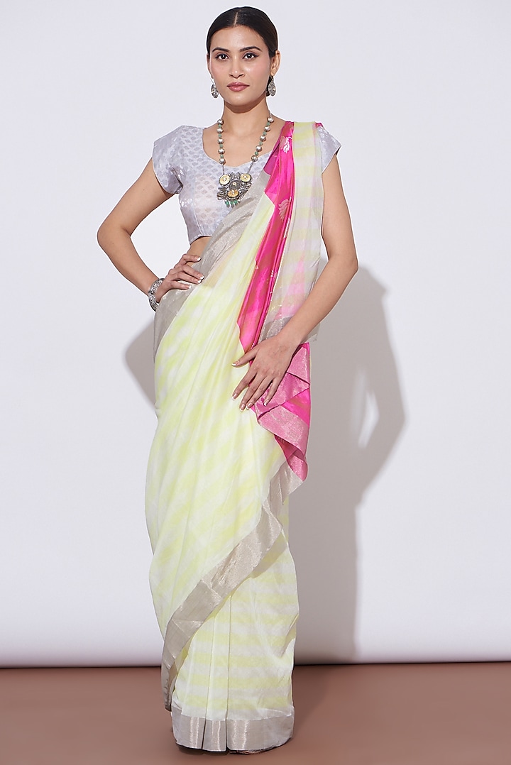 White & Lime Pure Chanderi Zari Handwoven Saree Set by Mint N Oranges