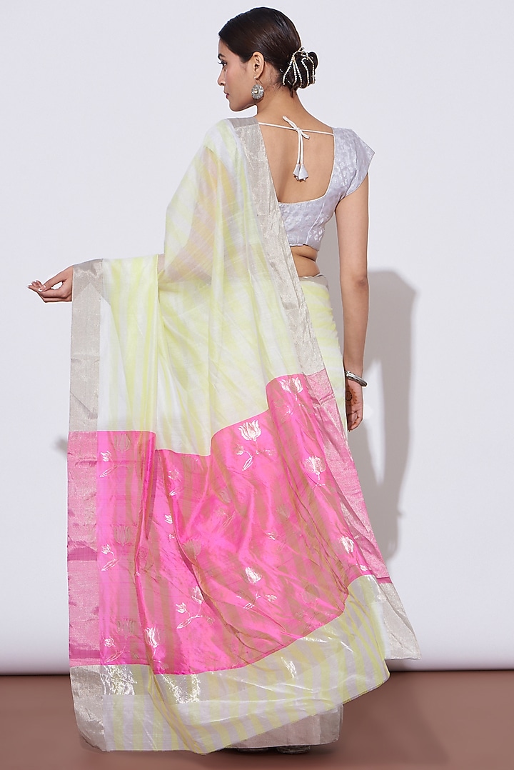 White & Lime Pure Chanderi Zari Handwoven Festive Saree Set by Mint N Oranges at Pernia's Pop Up Shop