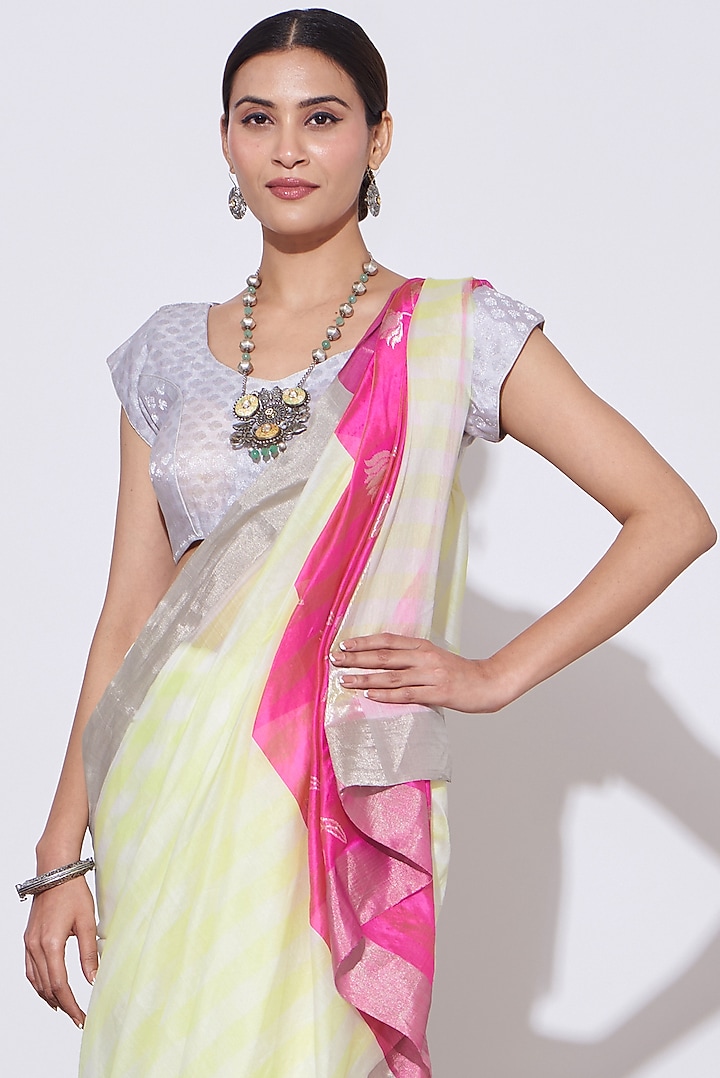 White & Lime Pure Chanderi Zari Handwoven Festive Saree Set by Mint N Oranges at Pernia's Pop Up Shop
