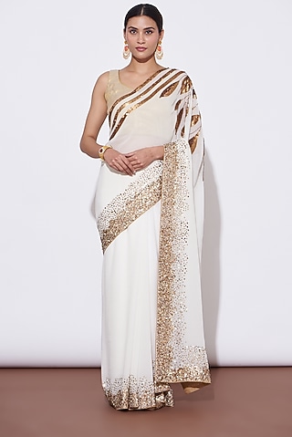 Ivory Georgette Embroidered Saree Set by Mint N Oranges