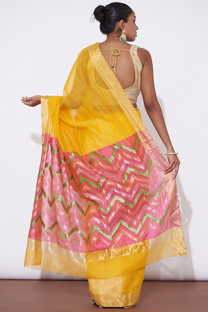 Yellow Pure Chanderi Silk Handwoven Festive Saree Set by Mint n oranges at Pernia's Pop Up Shop