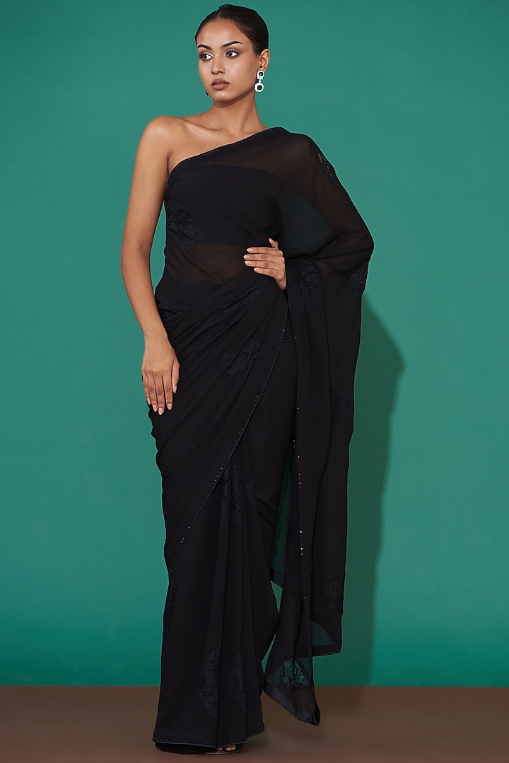 Black Georgette Embroidered Party Wear Saree Set by Mint n oranges at Pernia's Pop Up Shop