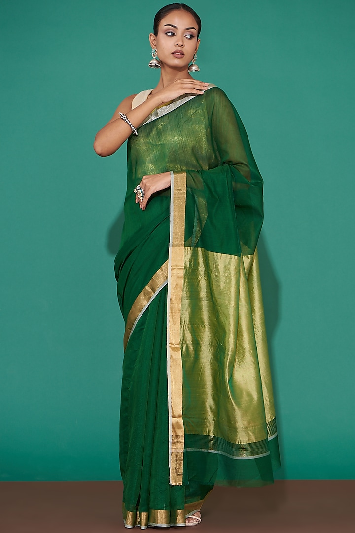 Green Pure Chanderi Handwoven Saree Set by Mint n oranges