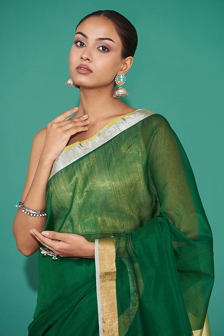 Green Pure Chanderi Handwoven Festive Saree Set by Mint n oranges at Pernia's Pop Up Shop