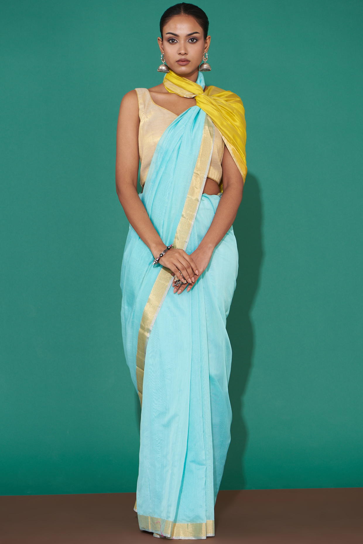 Pale Blue Pure Chanderi Handwoven Saree Set by Mint n oranges