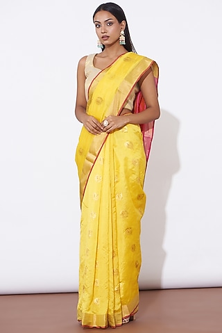 Yellow Pure Chanderi Silk Handwoven Saree Set by Mint n oranges