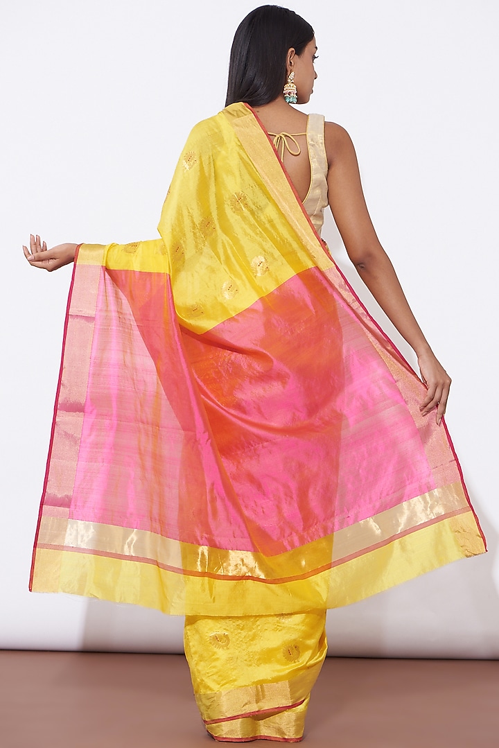 Yellow Pure Chanderi Silk Handwoven Party Wear Saree Set by Mint n oranges at Pernia's Pop Up Shop