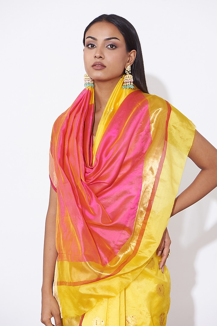Yellow Pure Chanderi Silk Handwoven Party Wear Saree Set by Mint n oranges at Pernia's Pop Up Shop