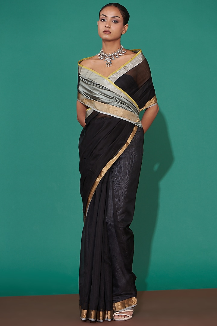 Black Pure Chanderi Handwoven Saree Set by Mint n oranges