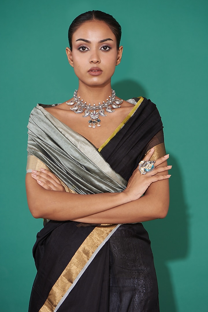 Black Pure Chanderi Handwoven Festive Saree Set by Mint n oranges at Pernia's Pop Up Shop