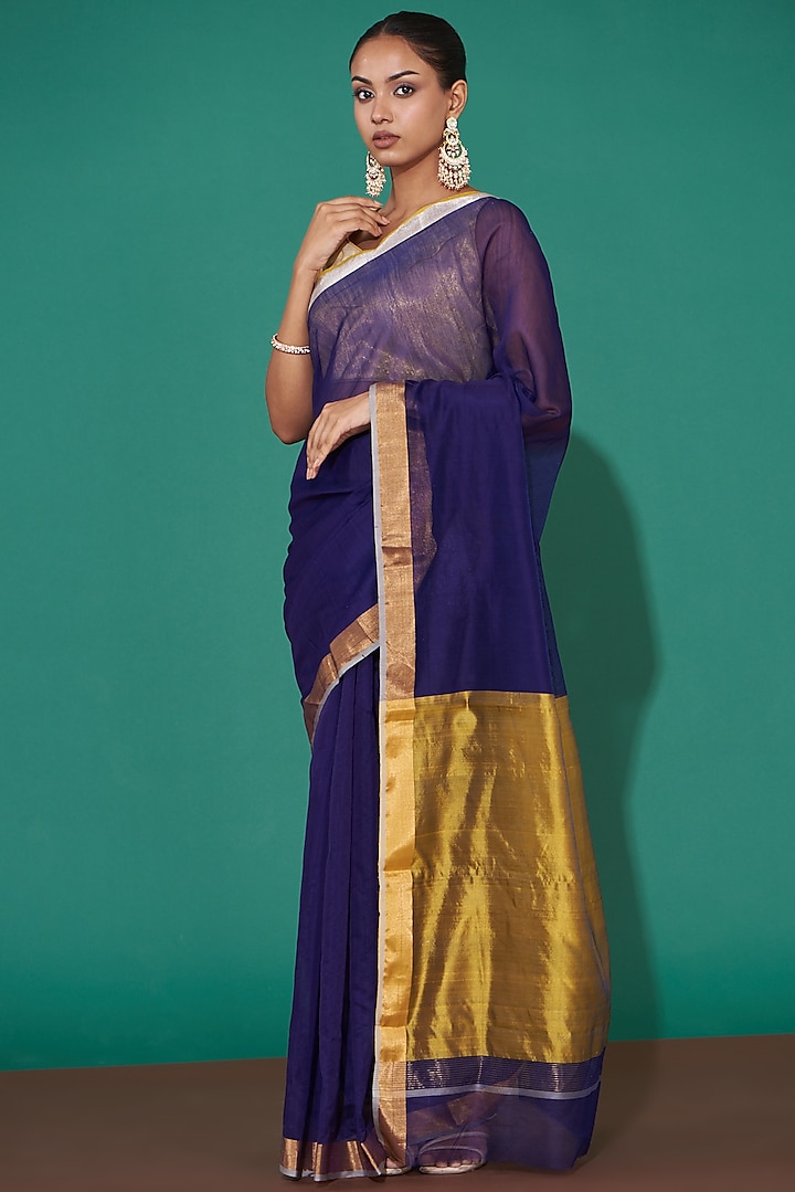 Purple Pure Chanderi Silk Handwoven Saree Set by Mint n oranges
