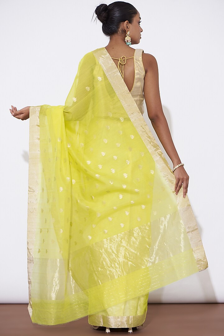 Yellow Pure Chanderi Silk Handwoven Party Wear Saree Set by Mint n oranges at Pernia's Pop Up Shop