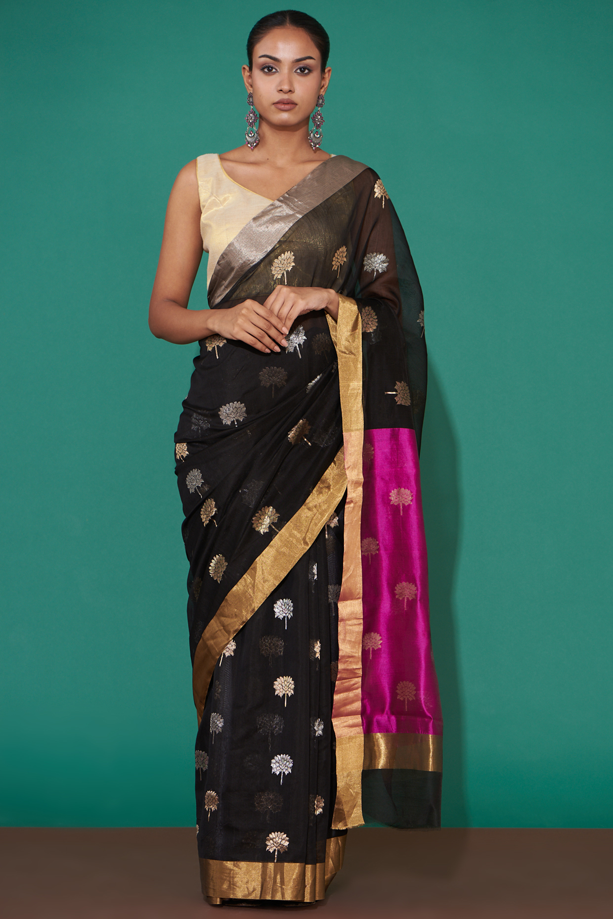 Black Pure Chanderi Handwoven Festive Saree Set by Mint n oranges at Pernia's Pop Up Shop