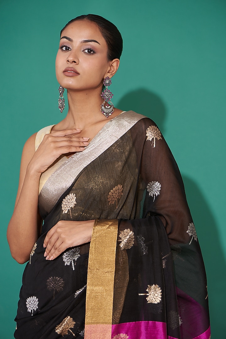 Black Pure Chanderi Handwoven Festive Saree Set by Mint n oranges at Pernia's Pop Up Shop