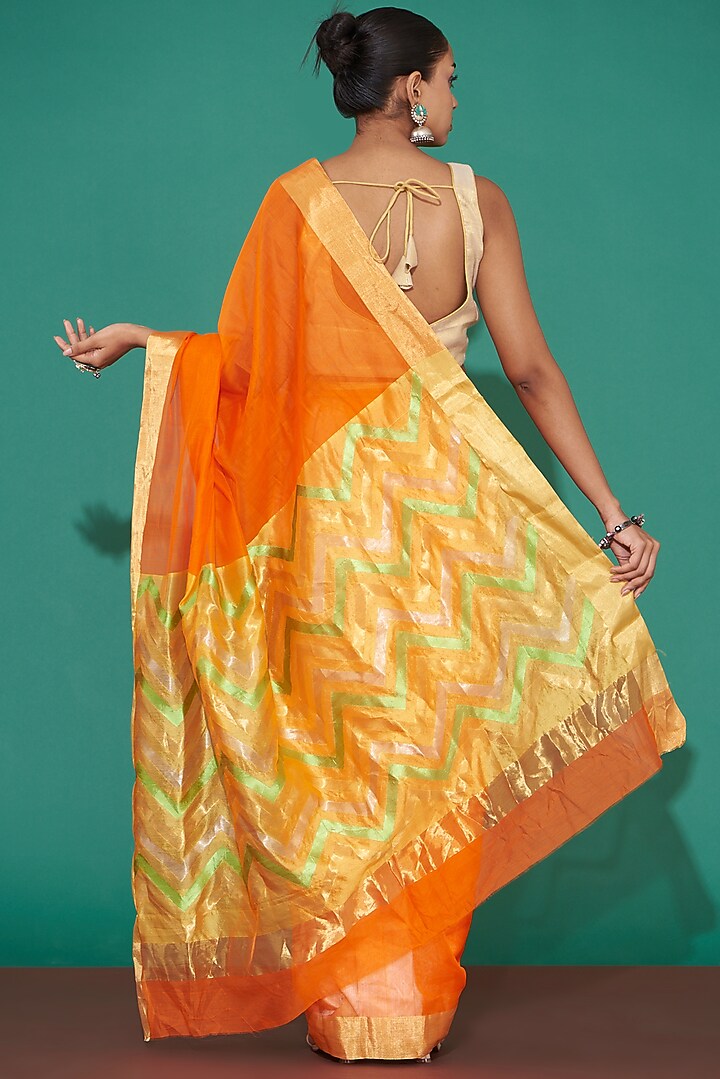 Orange Pure Chanderi Silk Handwoven Festive Saree Set by Mint n oranges at Pernia's Pop Up Shop