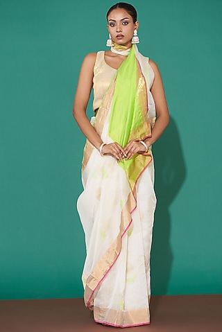 Off-White Pure Chanderi Silk Handwoven Saree Set by Mint n oranges