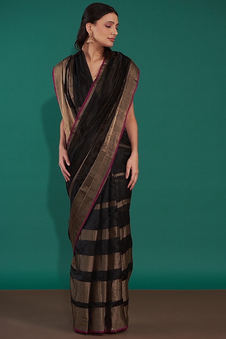 Black Handwoven Pure Chanderi Silk Striped Saree Set by Mint n oranges