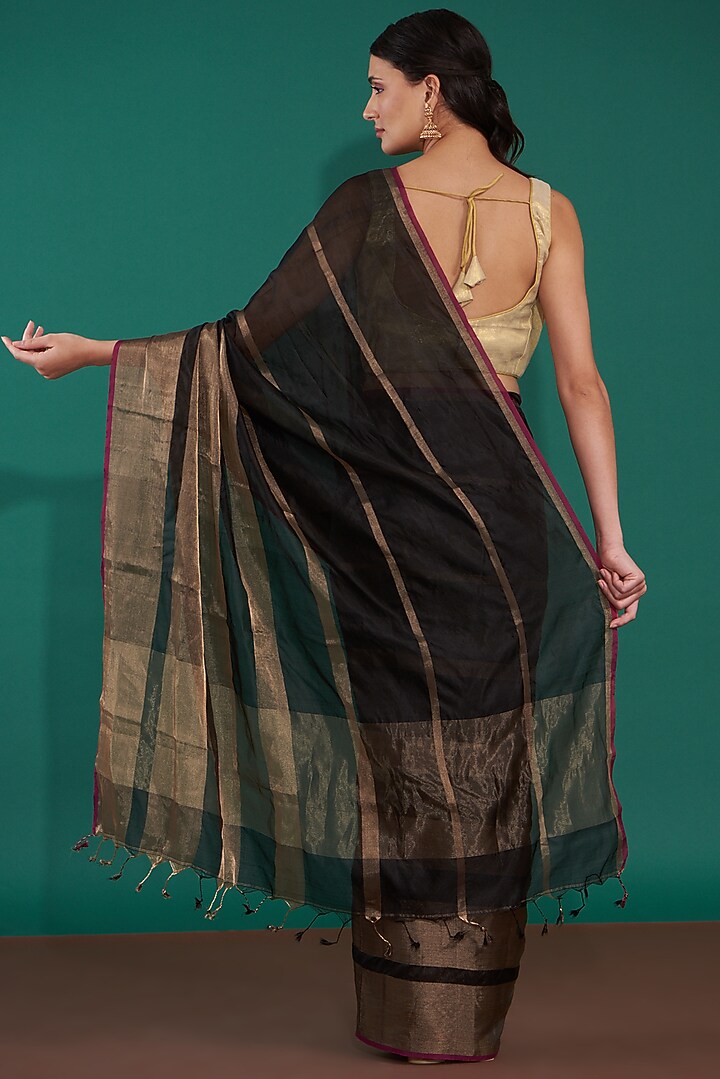 Black Handwoven Pure Chanderi Silk Striped Party Wear Saree Set by Mint n oranges at Pernia's Pop Up Shop