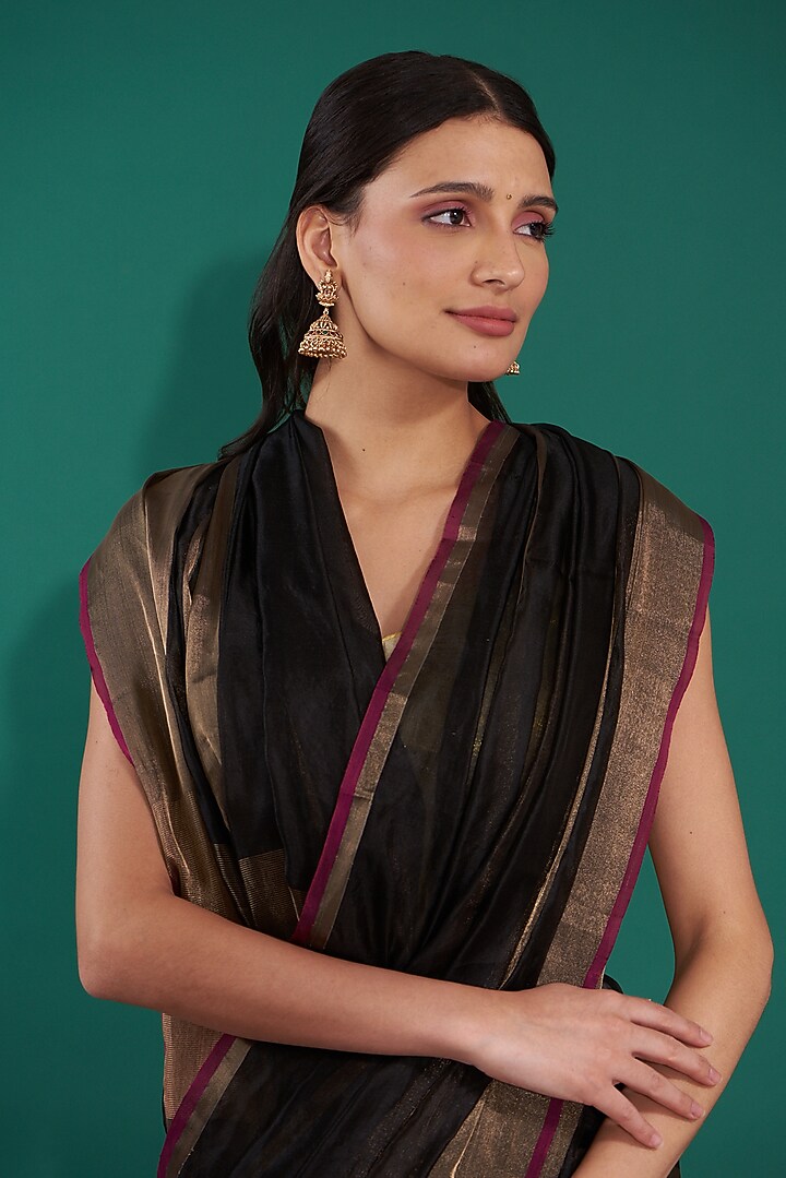 Black Handwoven Pure Chanderi Silk Striped Party Wear Saree Set by Mint n oranges at Pernia's Pop Up Shop