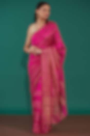 Pink Handwoven Pure Chanderi Silk Striped Saree Set by Mint n oranges