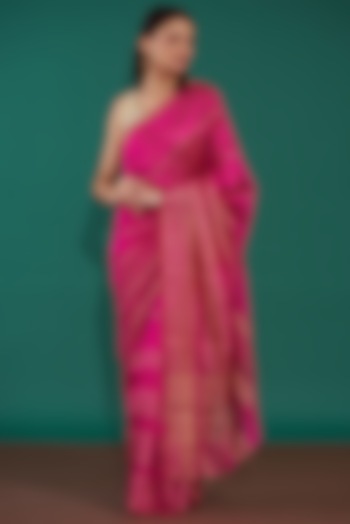 Pink Handwoven Pure Chanderi Silk Striped Saree Set by Mint n oranges