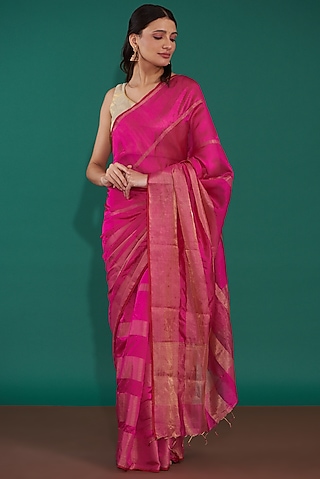 Pink Handwoven Pure Chanderi Silk Striped Saree Set by Mint n oranges