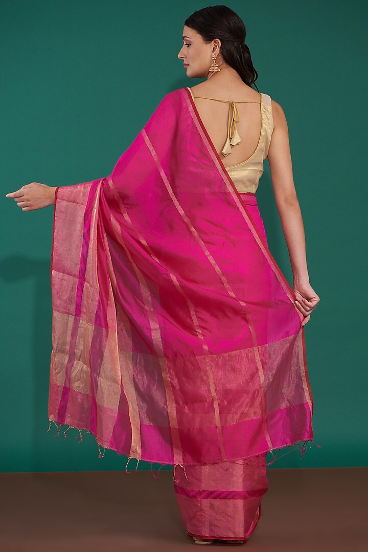 Pink Handwoven Pure Chanderi Silk Striped Party Wear Saree Set by Mint n oranges at Pernia's Pop Up Shop