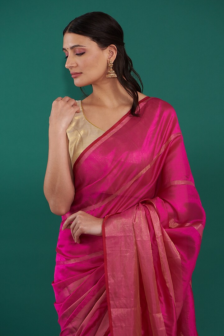 Pink Handwoven Pure Chanderi Silk Striped Party Wear Saree Set by Mint n oranges at Pernia's Pop Up Shop