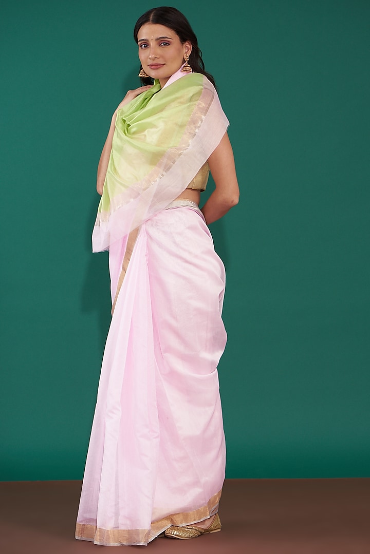Pale Pink & Lime Green Handwoven Pure Chanderi Saree Set by Mint n oranges