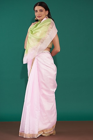 Pale Pink & Lime Green Handwoven Pure Chanderi Saree Set by Mint n oranges