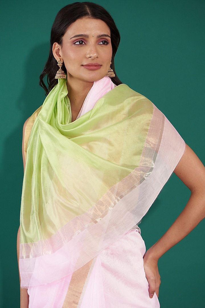 Pale Pink & Lime Green Handwoven Pure Chanderi Festive Saree Set by Mint n oranges at Pernia's Pop Up Shop