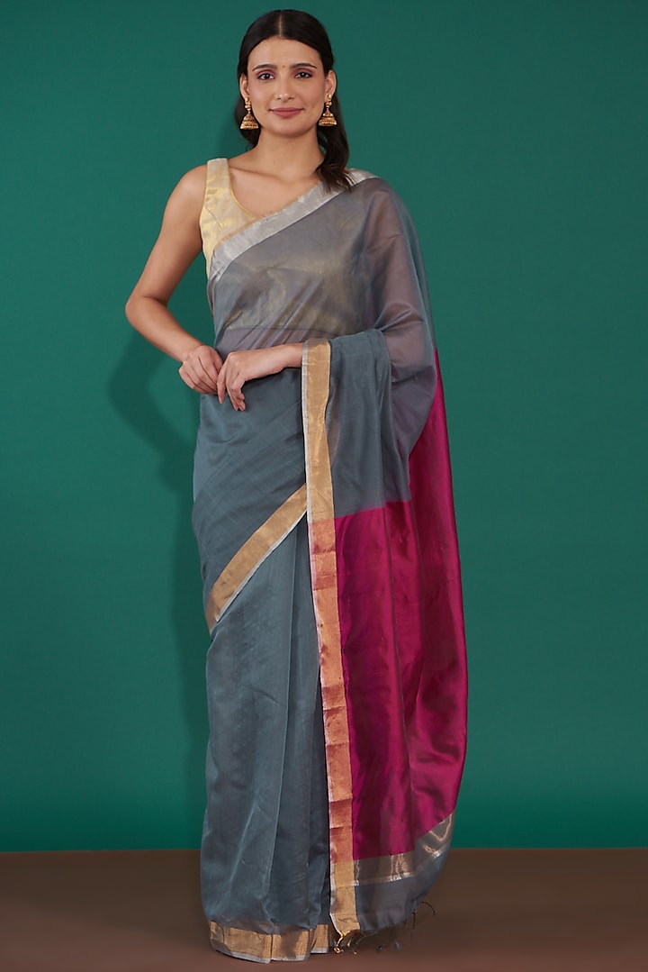 Grey & Fuchsia Handwoven Pure Chanderi Saree Set by Mint n oranges