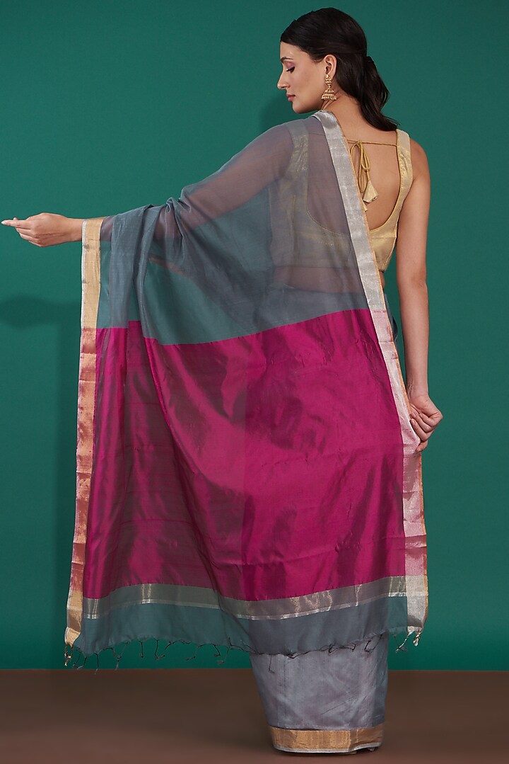 Grey & Fuchsia Handwoven Pure Chanderi Festive Saree Set by Mint n oranges at Pernia's Pop Up Shop