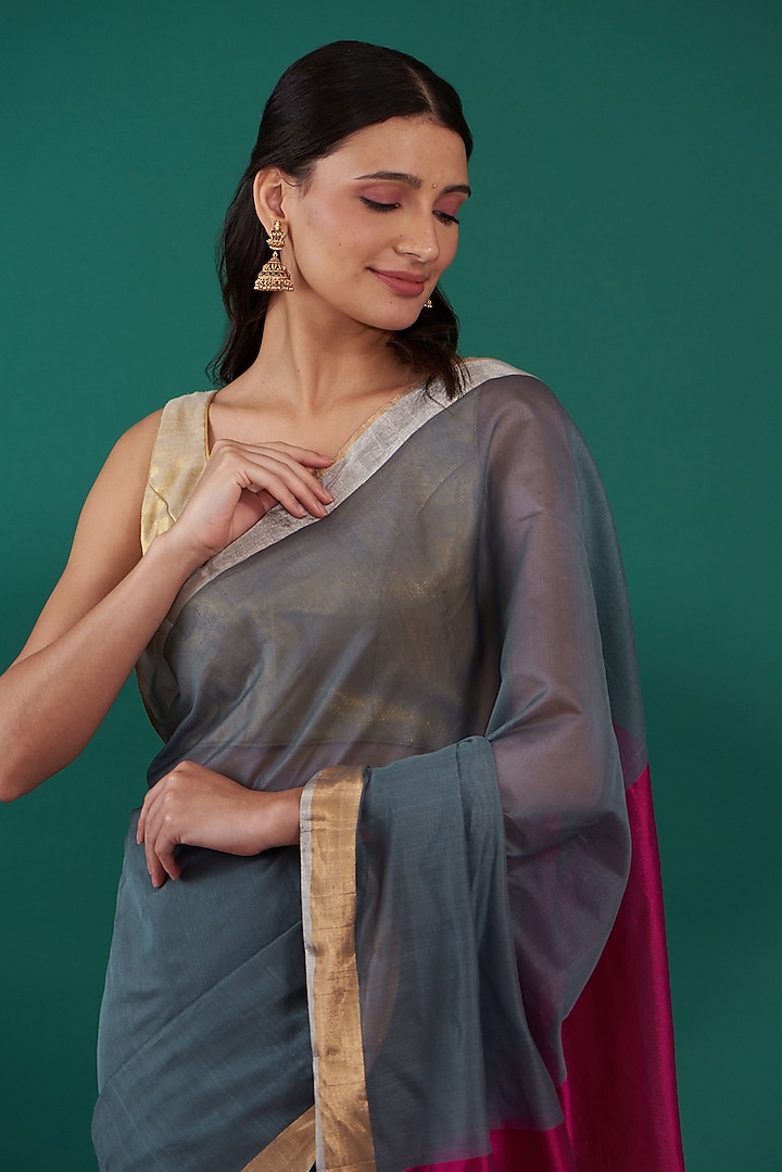 Grey & Fuchsia Handwoven Pure Chanderi Festive Saree Set by Mint n oranges at Pernia's Pop Up Shop
