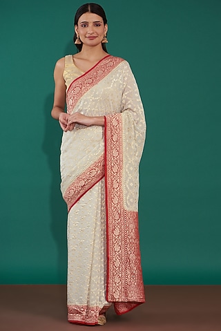 Off-White & Red Handwoven Pure Banarasi Georgette Saree Set by Mint n oranges