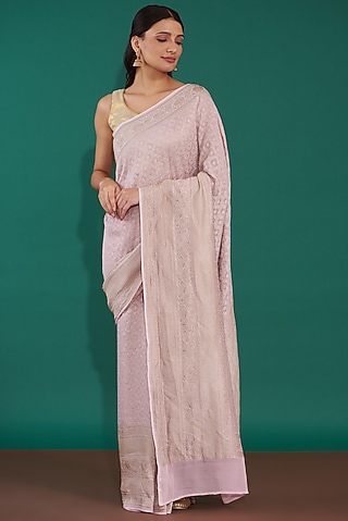 Mauve Handwoven Pure Banarasi Georgette Saree Set by Mint n oranges