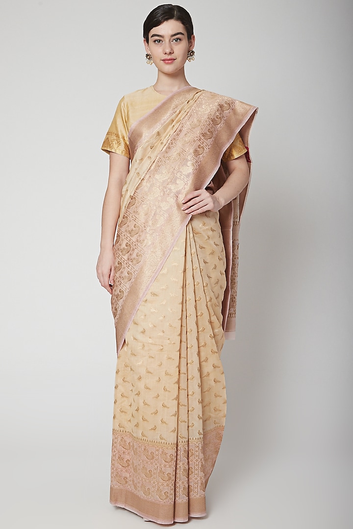 Beige & Pink Swiss Cotton Handwoven Saree Set by Mint n oranges