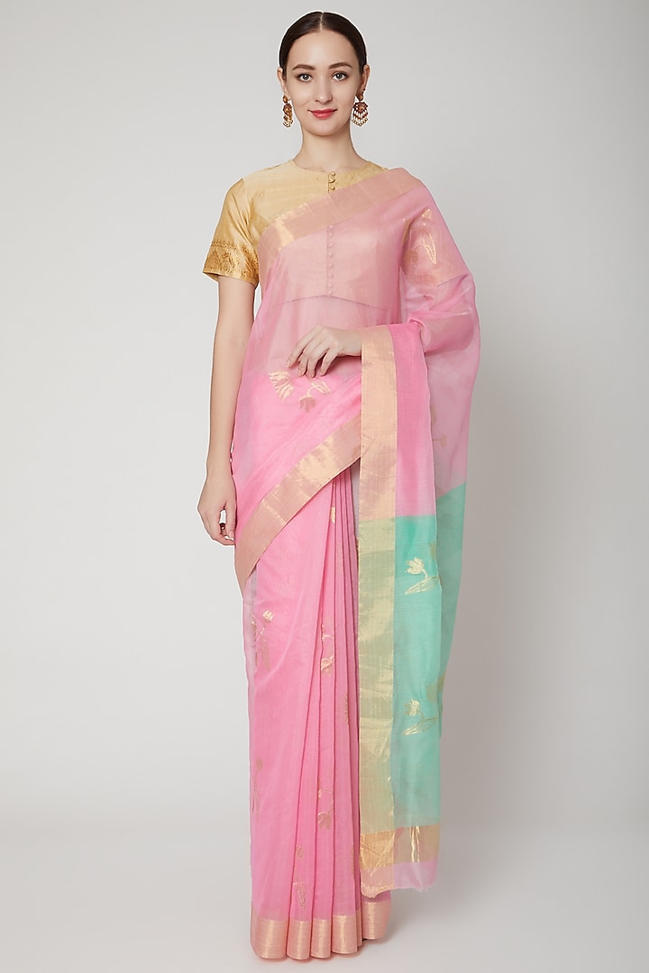 Blush Pink Handwoven Chanderi Saree Set by Mint n oranges