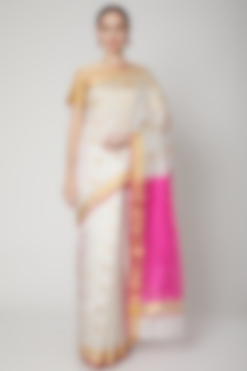 White & Pink Handwoven Saree Set by Mint n oranges