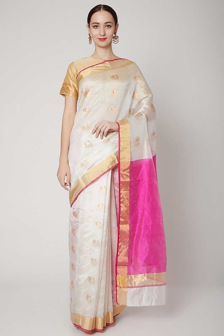 White & Pink Handwoven Saree Set by Mint n oranges