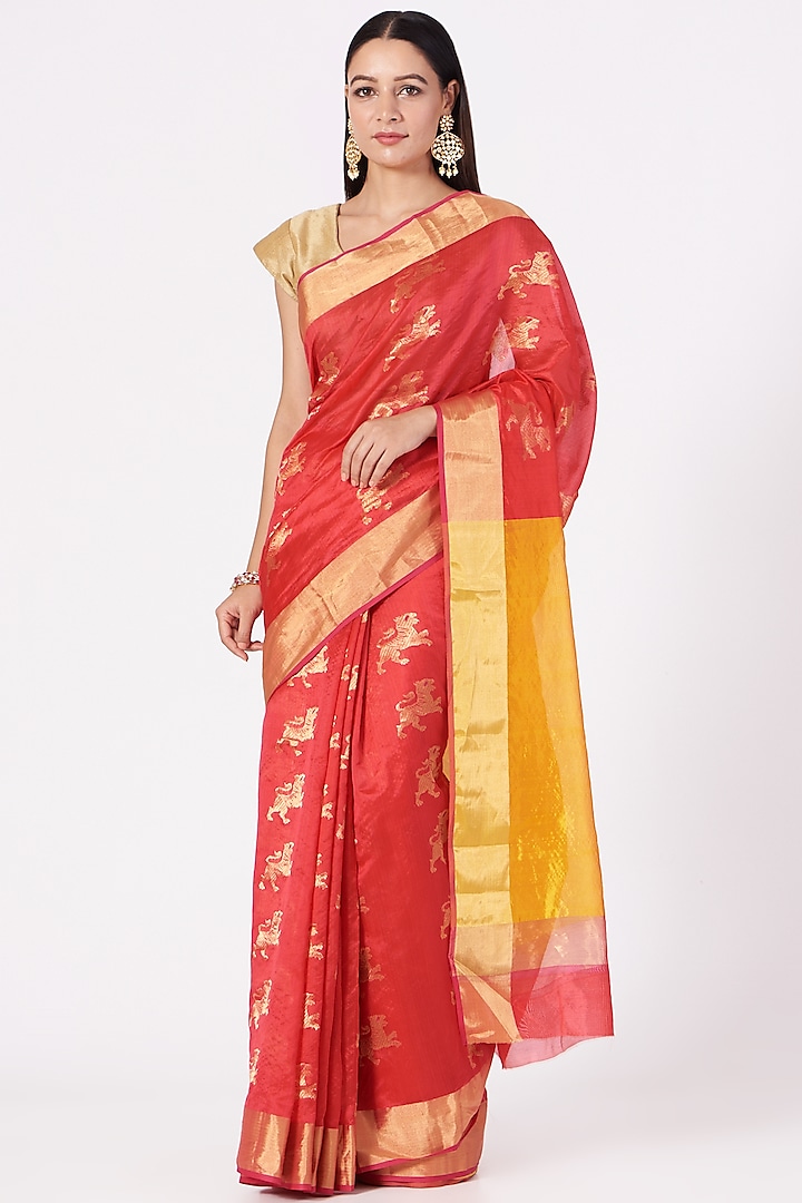 Red & Yellow Chanderi Silk Saree by Mint n oranges