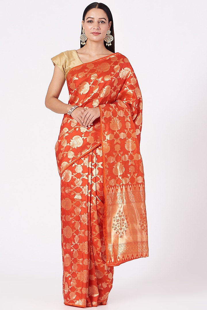 Red & Orange Banarasi Silk Jaal Work Saree by Mint n oranges